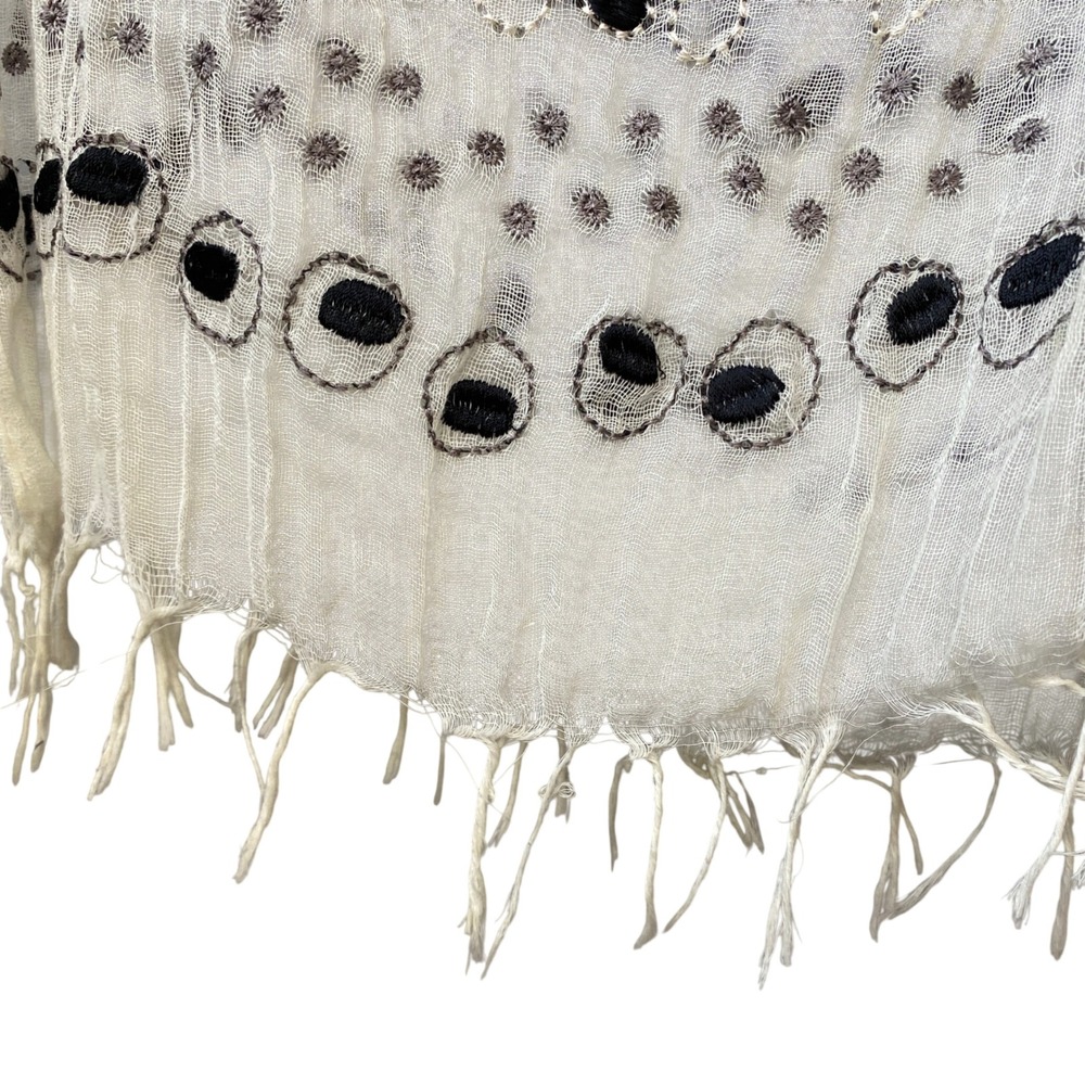 Grey White Eyelet Embroidered Fringe Oblong Scarf Lightweight Boho Wrap - Picture 4 of 11